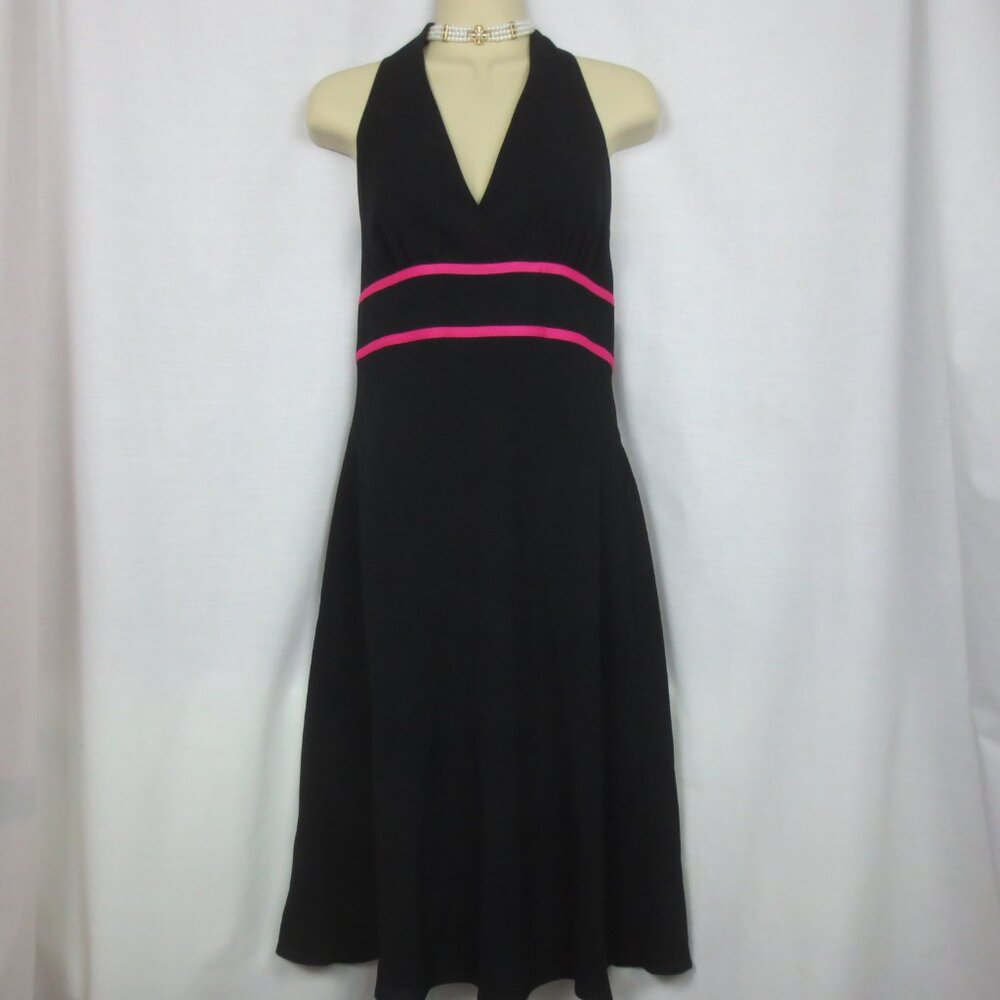 NEW Nine West Evening Dress Black Hot Pink Halter Full Skirt A Line Midi Size 4